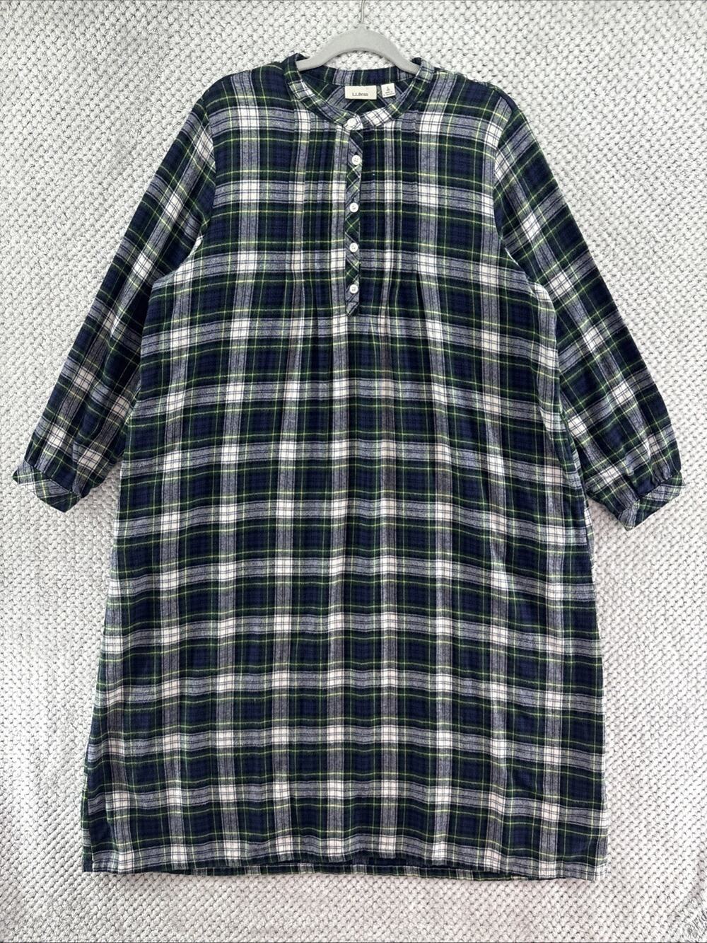 LL Bean Flannel Nightgown Womens PL Green Plaid Tartan Pajamas Cottage Sleepwear
